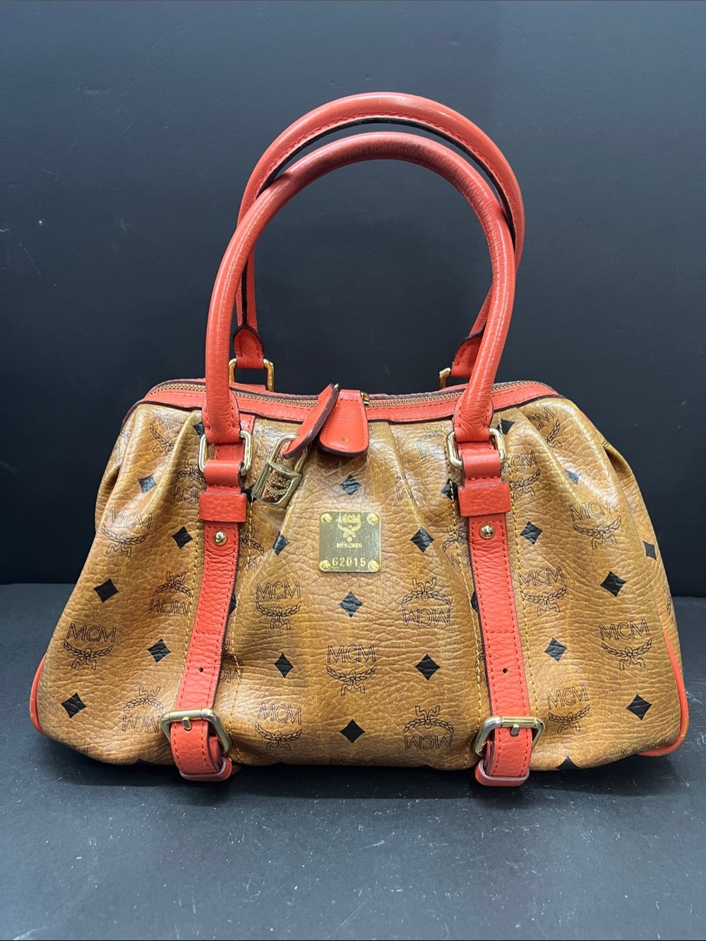 MCM Brown Visetos Satchel with Orange Leather Trim and Handles